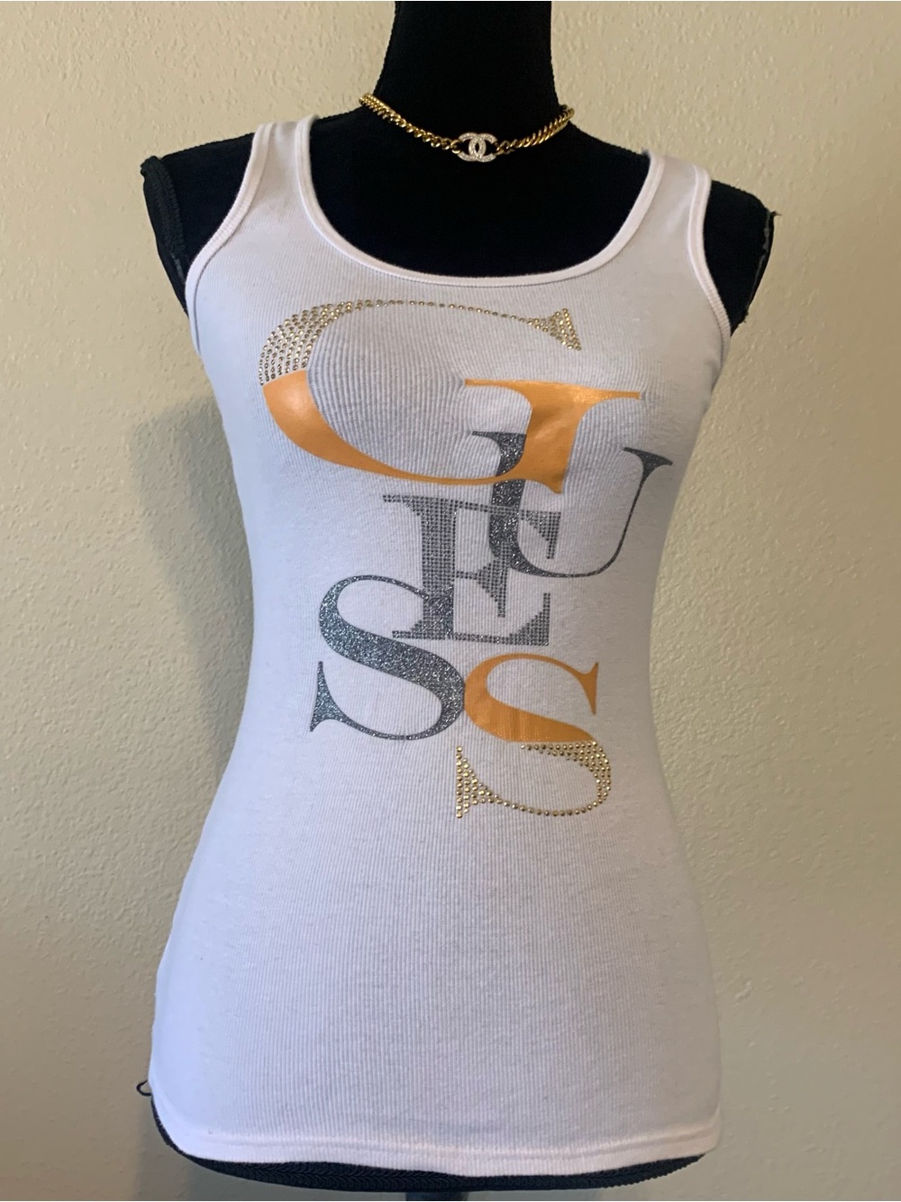GUESS y2k White Logo Tank Top with Gold & Silver Accents
